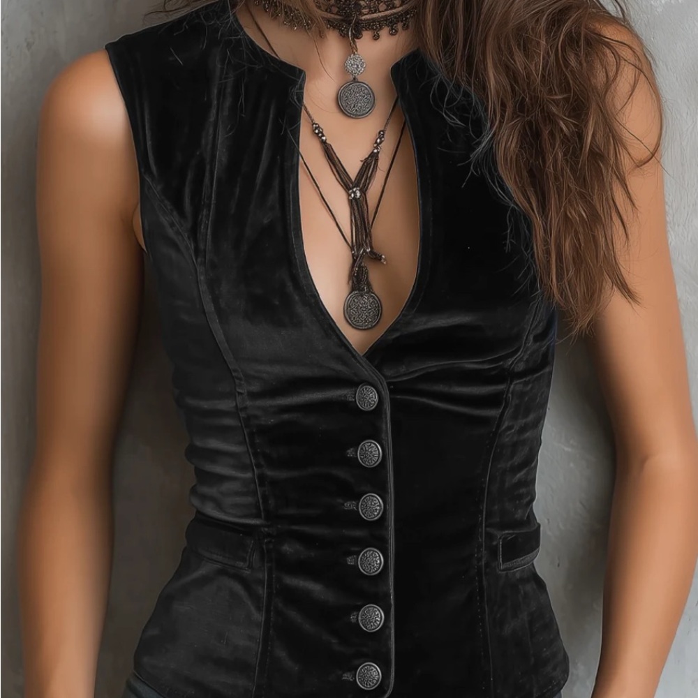 Vintage Round V-Neck Velvet Vest
